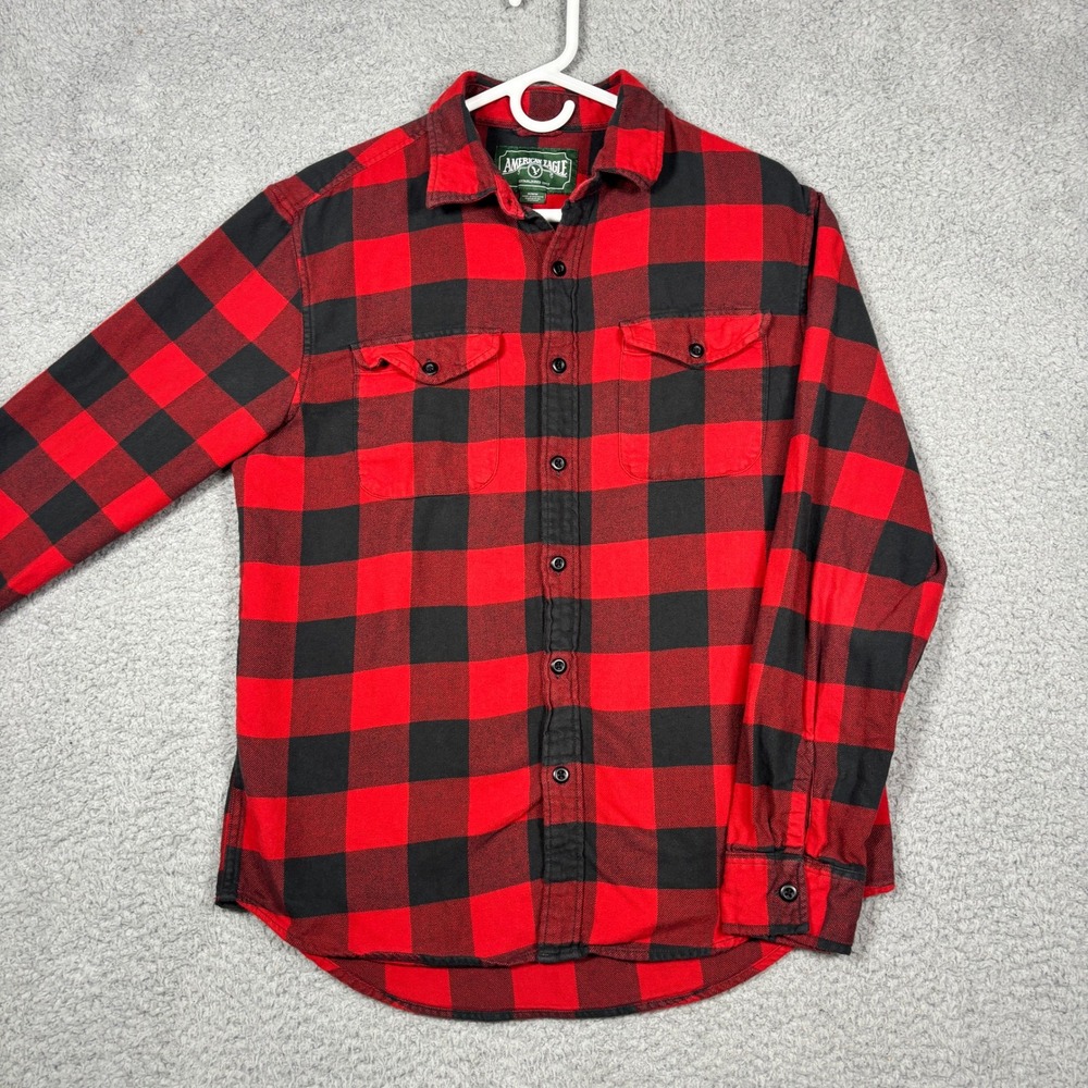 American Eagle Flannel Shirt Mens M Red Black Buffalo Plaid Button Down Cotton